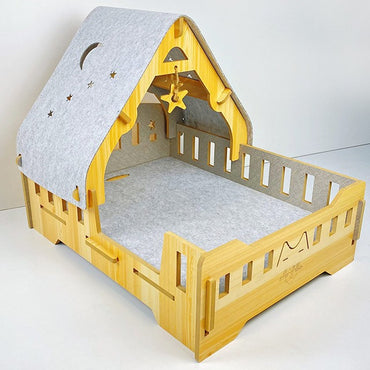 Wooden Felt Cat Bed Villa Semi-Enclosed Indoor Cat House Detachable Warm Nest Bed Katil Kucing Kayu FURMP002