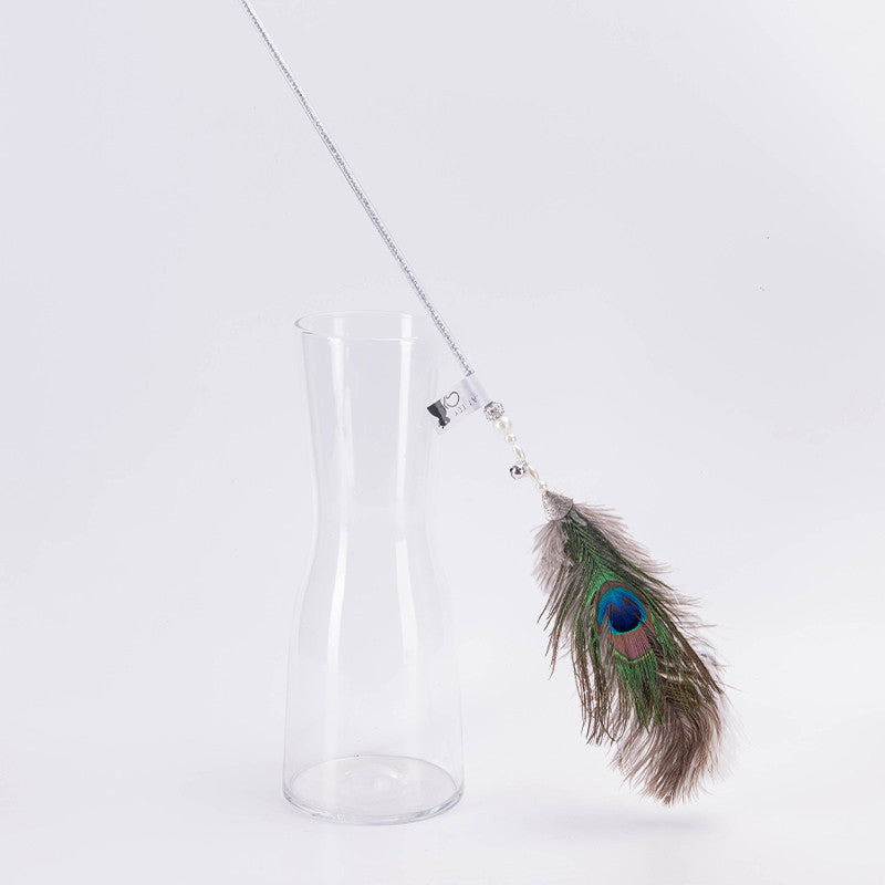 FUREVER365 HM-15 Peacock Feather Cat Teaser - Natural Iridescent Feathers High-Elasticity Steel Wand