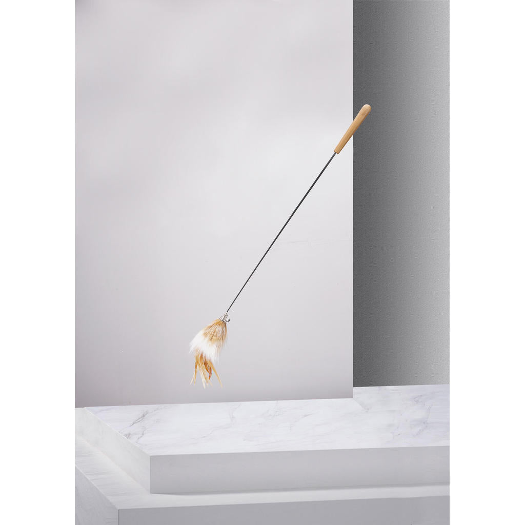 FUREVER365 HM-14 Fox Fur Cat Teaser - Real Fur Tail Solid Wood Handle High-Elasticity Steel Wire Toy