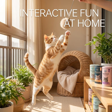 FUREVER365 TM-02Rabbit Fur Ball Cat Teaser - Extra Long Wand High-Elasticity Steel Wire Bouncing Toy