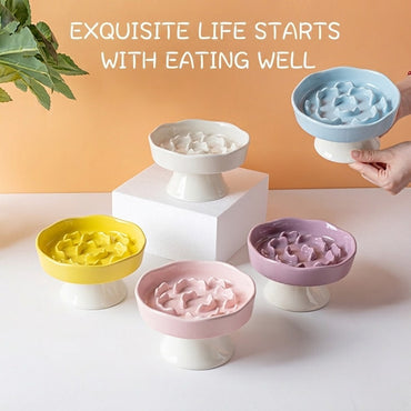 Ceramic Slow Feeder Cat Bowl Anti-Choke Dog Bowl Neck Protection Anti-Vomiting Elevated Pet Bowl