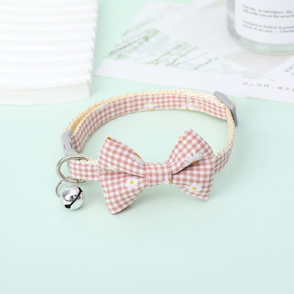 FUREVER365 Cute Daisy Plaid Pet Collar Adjustable Cat Dog Bowtie Necklace with Bell Kitten Accessory