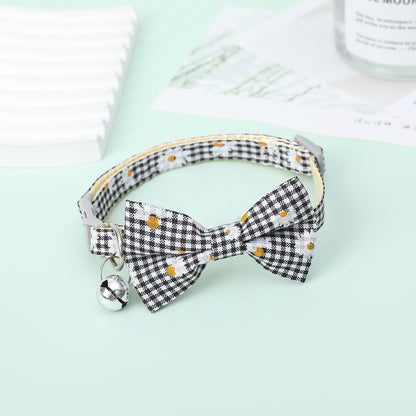 FUREVER365 Cute Daisy Plaid Pet Collar Adjustable Cat Dog Bowtie Necklace with Bell Kitten Accessory