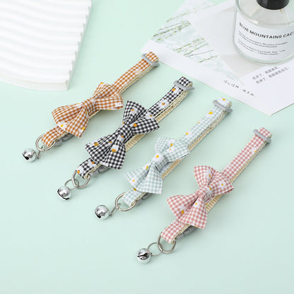 FUREVER365 Cute Daisy Plaid Pet Collar Adjustable Cat Dog Bowtie Necklace with Bell Kitten Accessory