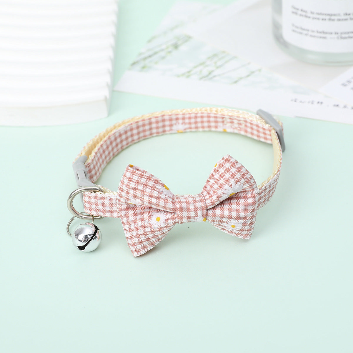 FUREVER365 Cute Daisy Plaid Pet Collar Adjustable Cat Dog Bowtie Necklace with Bell Kitten Accessory