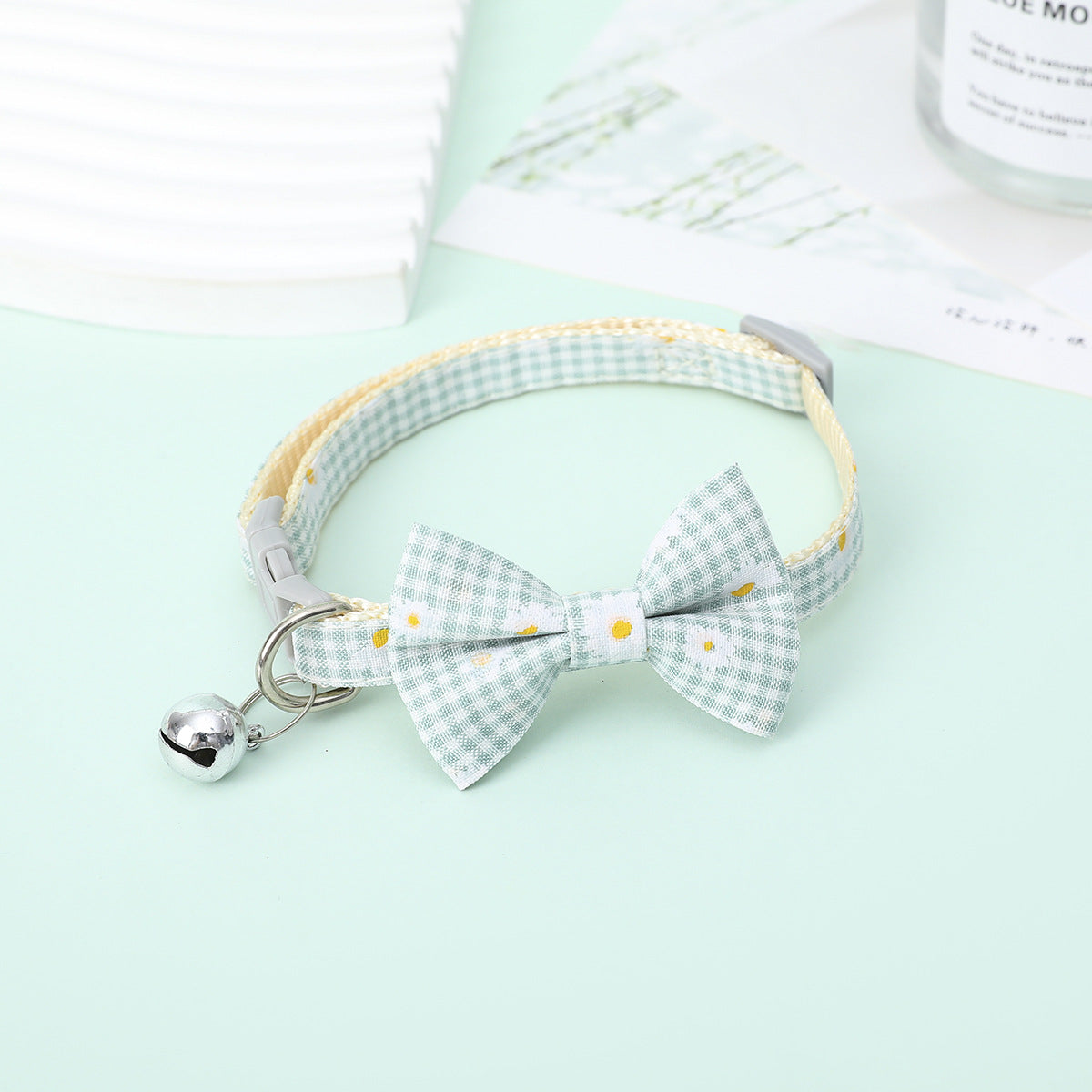FUREVER365 Cute Daisy Plaid Pet Collar Adjustable Cat Dog Bowtie Necklace with Bell Kitten Accessory