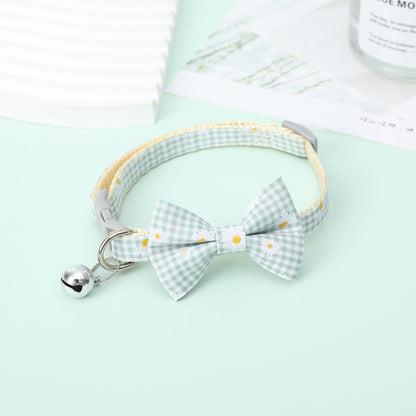FUREVER365 Cute Daisy Plaid Pet Collar Adjustable Cat Dog Bowtie Necklace with Bell Kitten Accessory