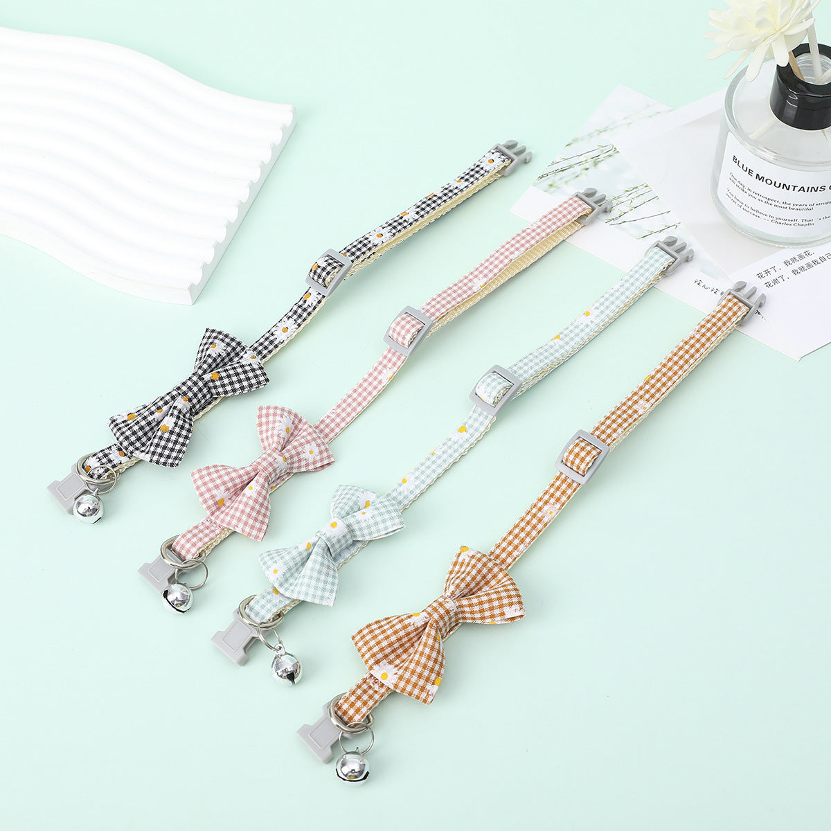 FUREVER365 Cute Daisy Plaid Pet Collar Adjustable Cat Dog Bowtie Necklace with Bell Kitten Accessory