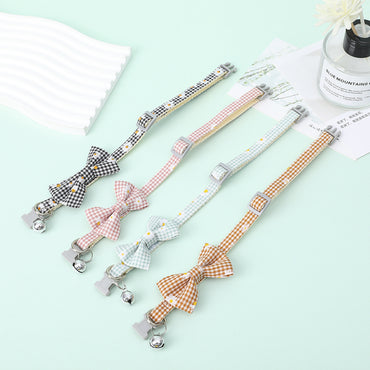 FUREVER365 Cute Daisy Plaid Pet Collar Adjustable Cat Dog Bowtie Necklace with Bell Kitten Accessory