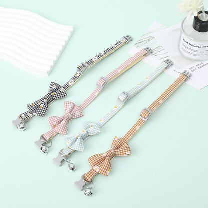 FUREVER365 Cute Daisy Plaid Pet Collar Adjustable Cat Dog Bowtie Necklace with Bell Kitten Accessory