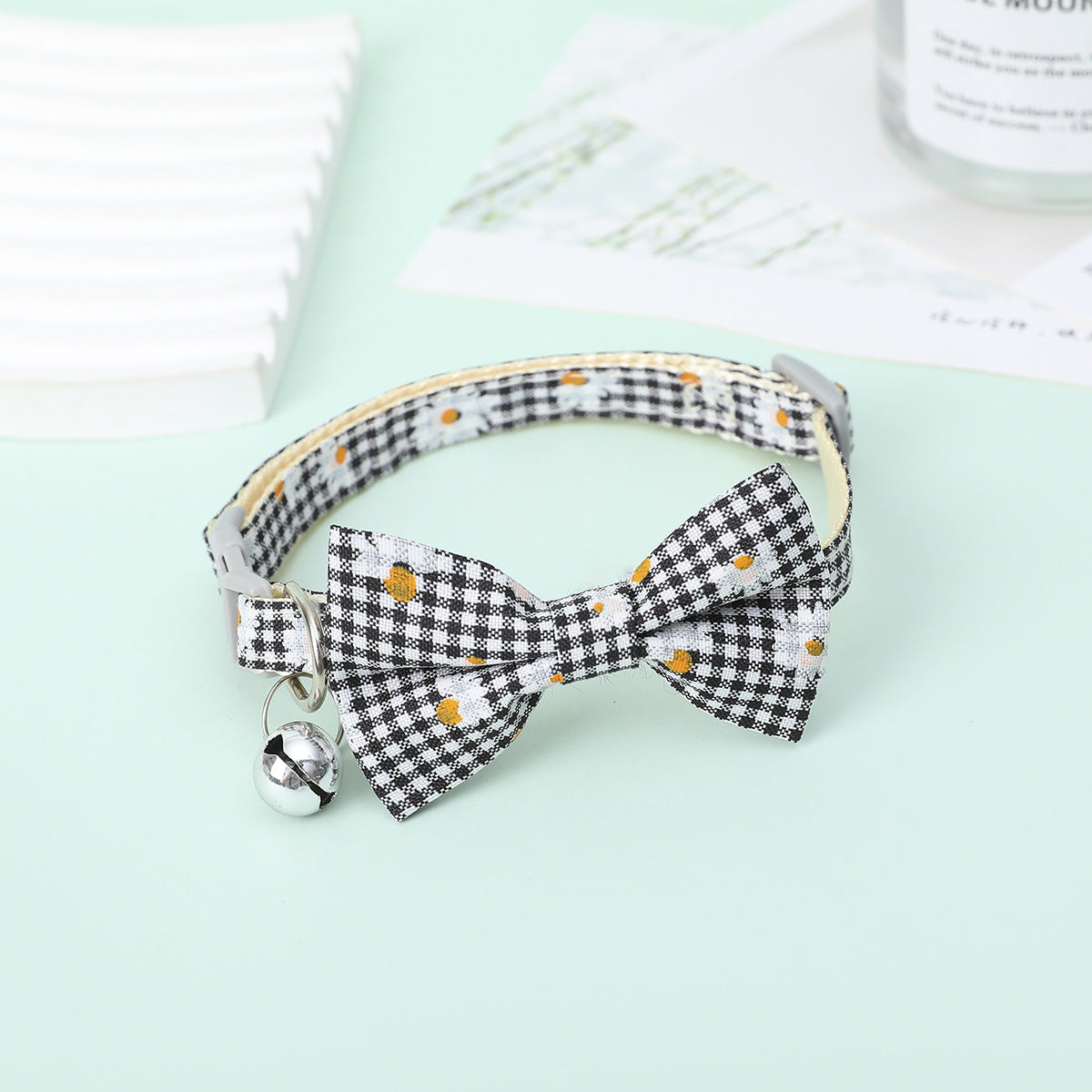 FUREVER365 Cute Daisy Plaid Pet Collar Adjustable Cat Dog Bowtie Necklace with Bell Kitten Accessory