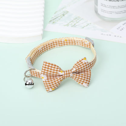 FUREVER365 Cute Daisy Plaid Pet Collar Adjustable Cat Dog Bowtie Necklace with Bell Kitten Accessory