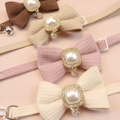 FUREVER365 Waffle Bowtie Pet Collar Vintage Pearl Pendant Cat Dog Necklace with Bell Comel Accessory