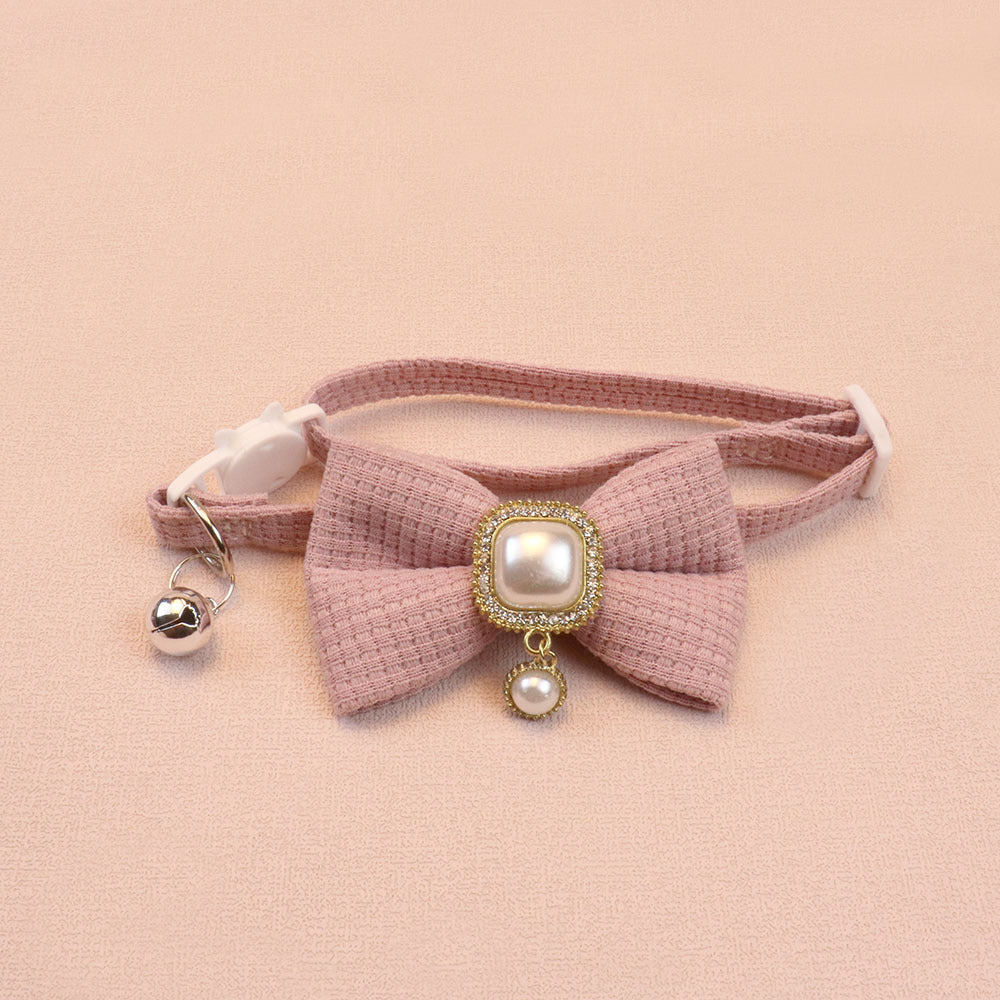 FUREVER365 Waffle Bowtie Pet Collar Vintage Pearl Pendant Cat Dog Necklace with Bell Comel Accessory
