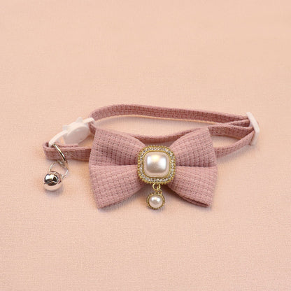 FUREVER365 Waffle Bowtie Pet Collar Vintage Pearl Pendant Cat Dog Necklace with Bell Comel Accessory