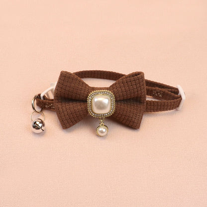 FUREVER365 Waffle Bowtie Pet Collar Vintage Pearl Pendant Cat Dog Necklace with Bell Comel Accessory