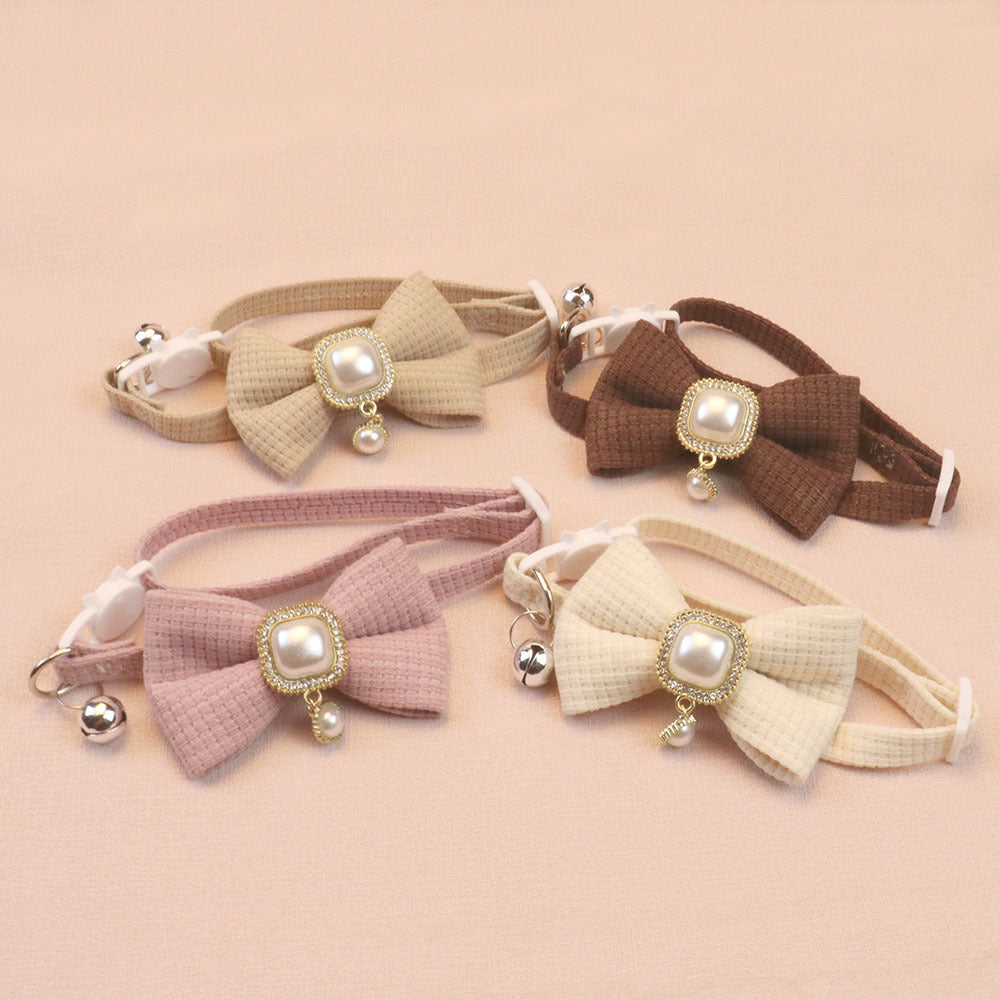 FUREVER365 Waffle Bowtie Pet Collar Vintage Pearl Pendant Cat Dog Necklace with Bell Comel Accessory