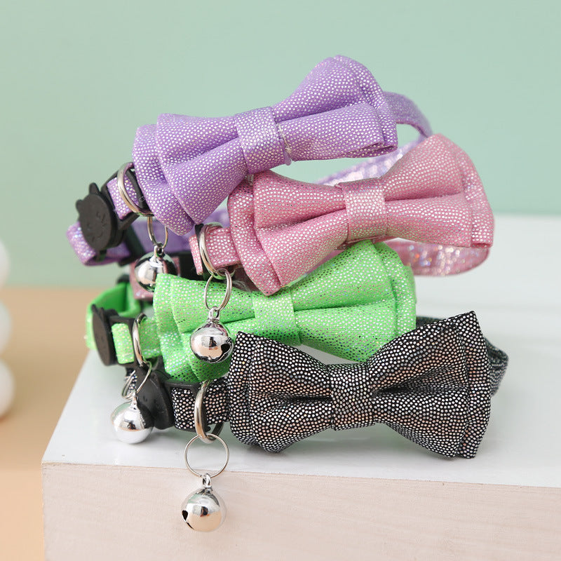 FUREVER365 Shiny Leopard Pet Collar Bowknot PU Leather Adjustable Cat Dog Necklace Party Accessory