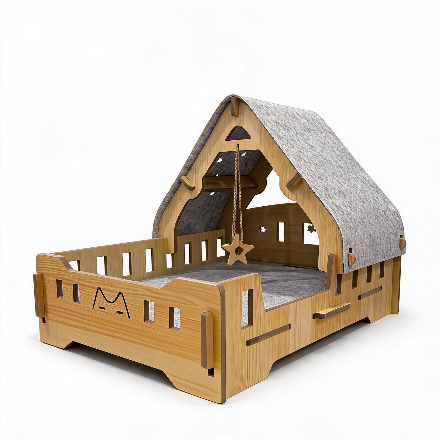 Wooden Felt Cat Bed Villa Semi-Enclosed Indoor Cat House Detachable Warm Nest Bed Katil Kucing Kayu FURMP002