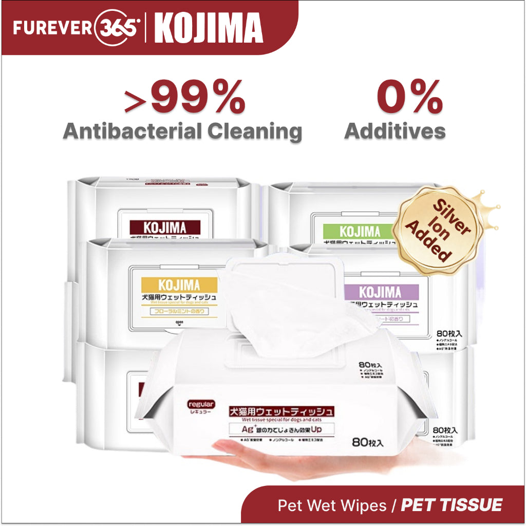 KOJIMA Ag+ Silver Ion Pet Wet Tissue: Antibacterial Wipes for Cats & Dogs 80pcs