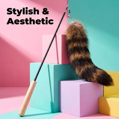 FUREVER365 HM-19 Fox Tail Cat Teaser - 30cm Natural Fur Lure Solid Wood Wand Elastic Interactive Toy