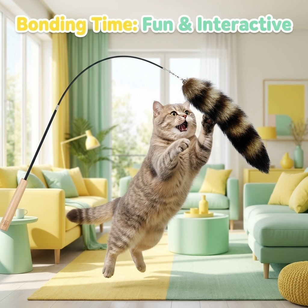 FUREVER365 HM-19 Fox Tail Cat Teaser - 30cm Natural Fur Lure Solid Wood Wand Elastic Interactive Toy