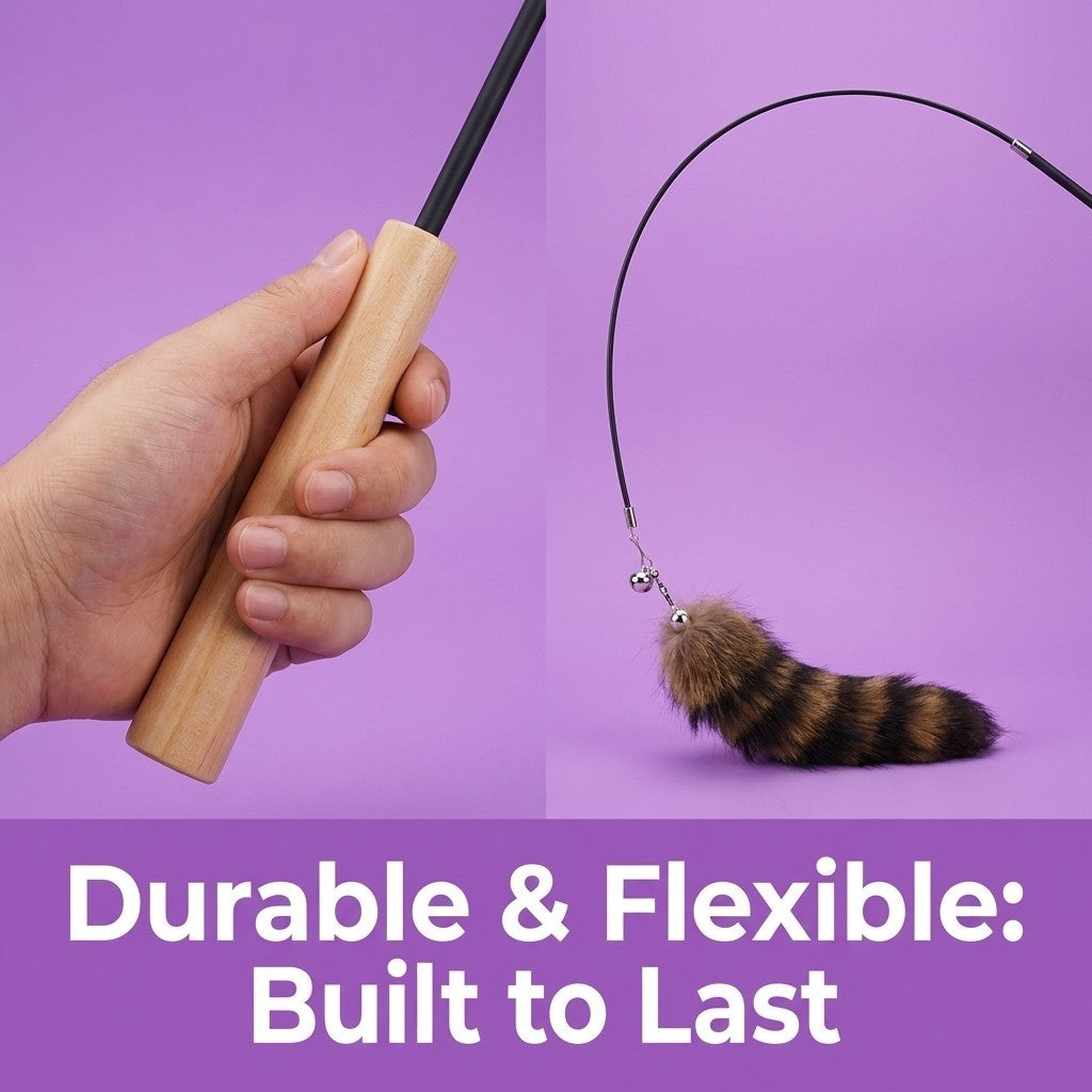 FUREVER365 HM-19 Fox Tail Cat Teaser - 30cm Natural Fur Lure Solid Wood Wand Elastic Interactive Toy