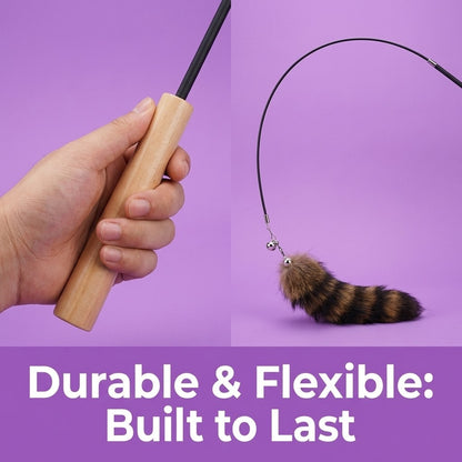 FUREVER365 HM-19 Fox Tail Cat Teaser - 30cm Natural Fur Lure Solid Wood Wand Elastic Interactive Toy