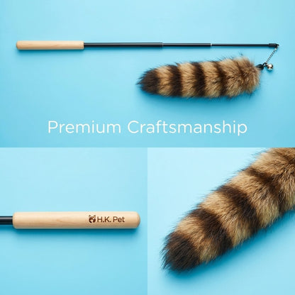 FUREVER365 HM-19 Fox Tail Cat Teaser - 30cm Natural Fur Lure Solid Wood Wand Elastic Interactive Toy