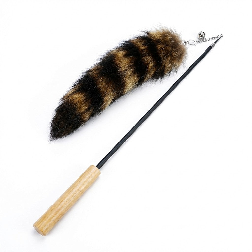 FUREVER365 HM-19 Fox Tail Cat Teaser - 30cm Natural Fur Lure Solid Wood Wand Elastic Interactive Toy