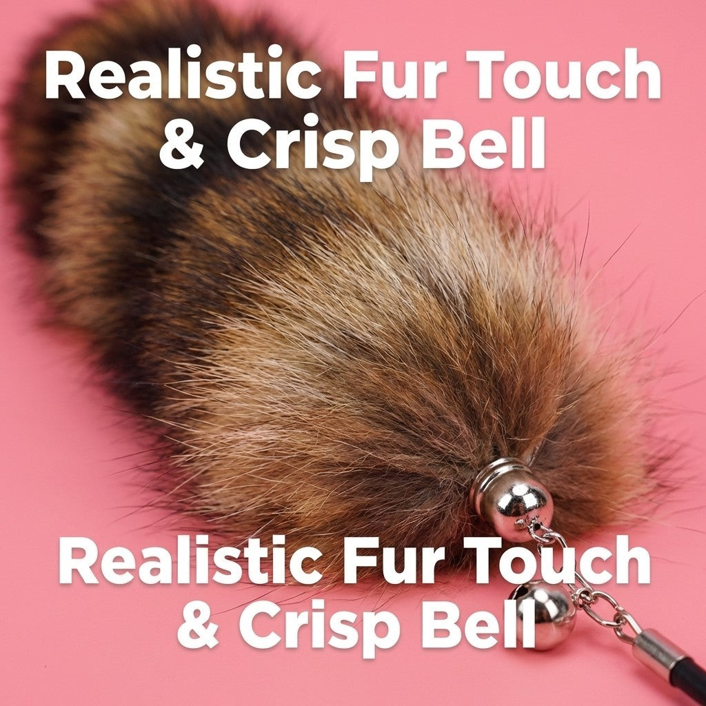 FUREVER365 HM-19 Fox Tail Cat Teaser - 30cm Natural Fur Lure Solid Wood Wand Elastic Interactive Toy