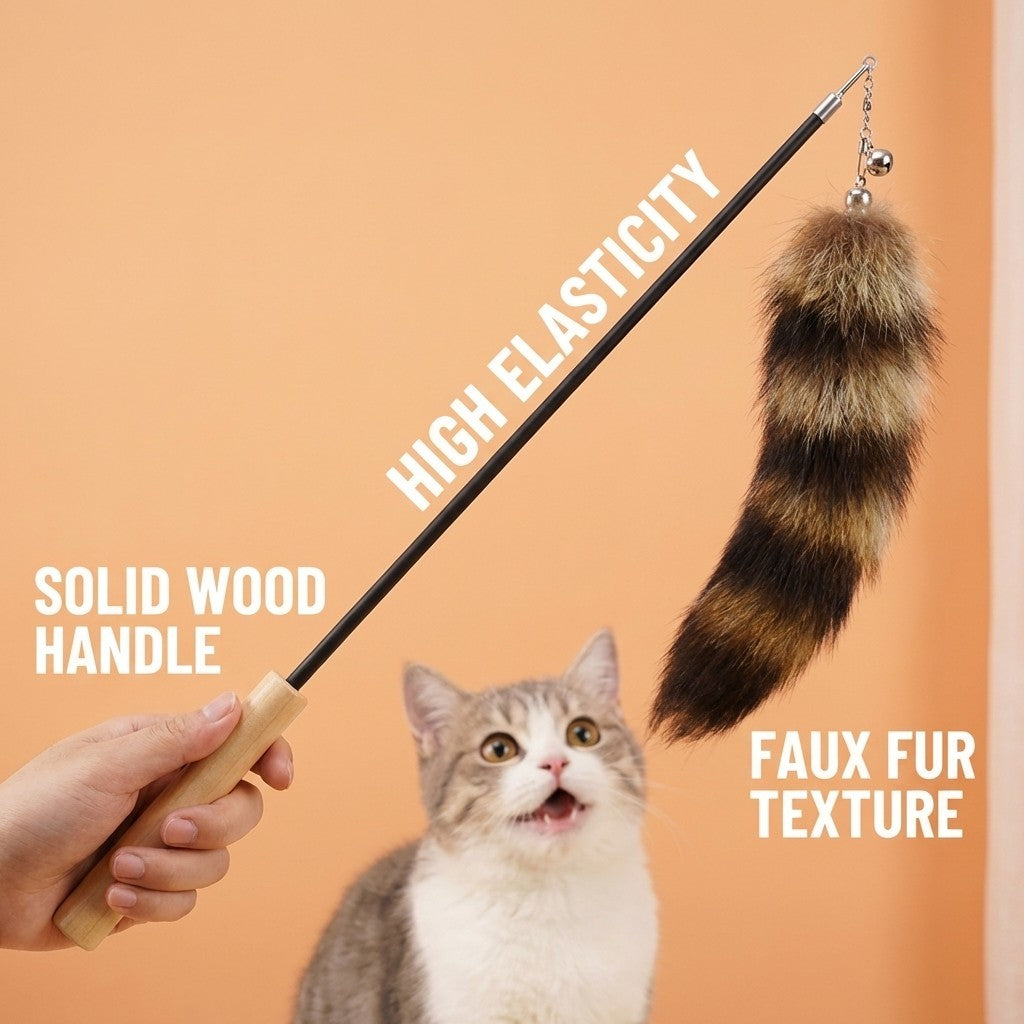 FUREVER365 HM-19 Fox Tail Cat Teaser - 30cm Natural Fur Lure Solid Wood Wand Elastic Interactive Toy