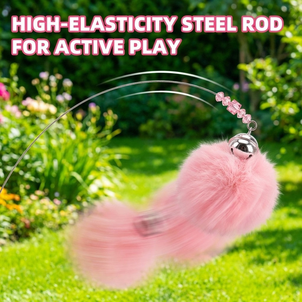 FUREVER365 TM-02Rabbit Fur Ball Cat Teaser - Extra Long Wand High-Elasticity Steel Wire Bouncing Toy
