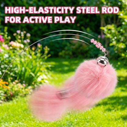 FUREVER365 TM-02Rabbit Fur Ball Cat Teaser - Extra Long Wand High-Elasticity Steel Wire Bouncing Toy