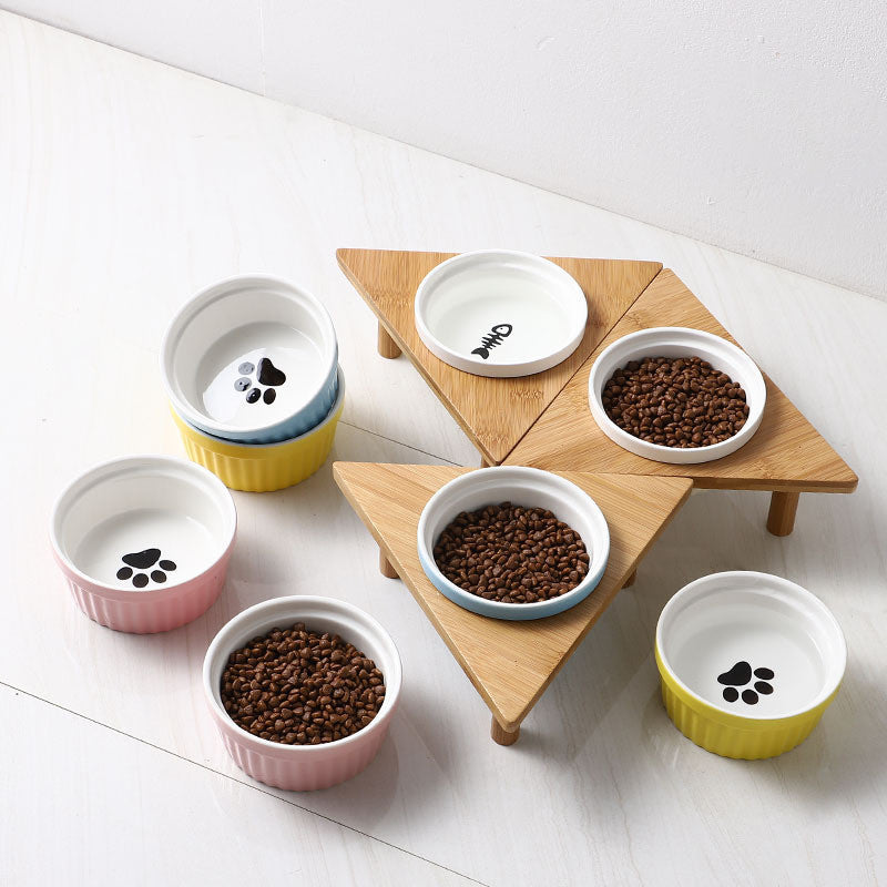 Kitten Specialized Ceramic Pet Bowl Anti-Black Chin Food Water Basin with Bamboo Stand Mangkuk Kucing
