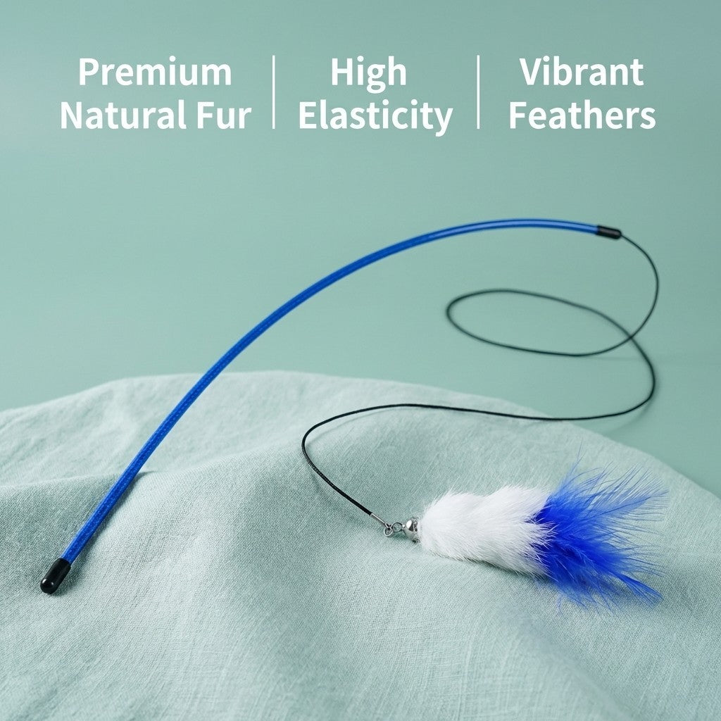 FUREVER365 TM-09 Rabbit Fur Wheat Ear Cat Teaser - Elastic Bouncing Rope Short Wand Interactive Toy