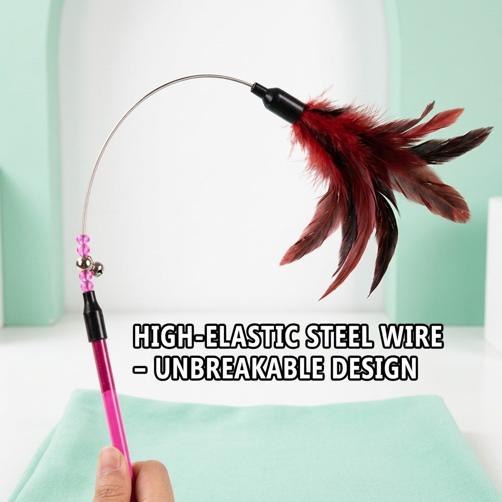 FUREVER365 YM-04 Long Feather Cat Teaser - Extra Long High-Elasticity Steel Wire Bouncing Wand Toy