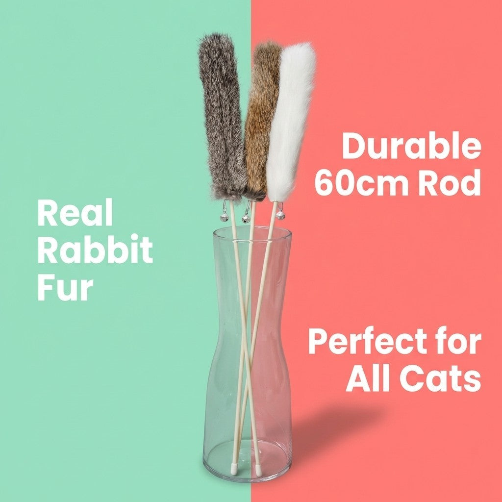 FUREVER365 TM-53 Real Rabbit Fur Cat Wand Teaser Toy Wheat Ear with Bell 60cm Mainan Kucing