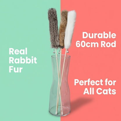 FUREVER365 TM-53 Real Rabbit Fur Cat Wand Teaser Toy Wheat Ear with Bell 60cm Mainan Kucing