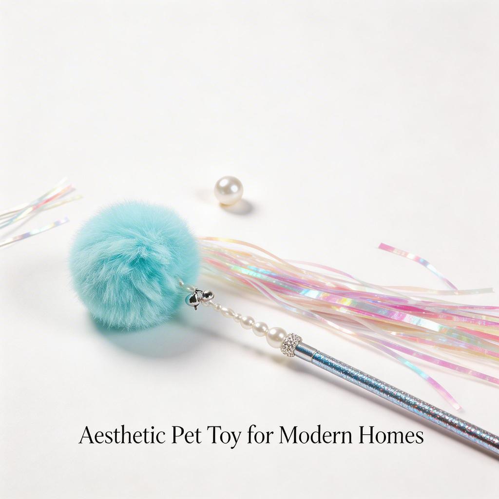 FUREVER365 TM-08 Rabbit Fur Ball & Tassel Cat Teaser - Durable PVC Wand Bouncing Elastic Toy