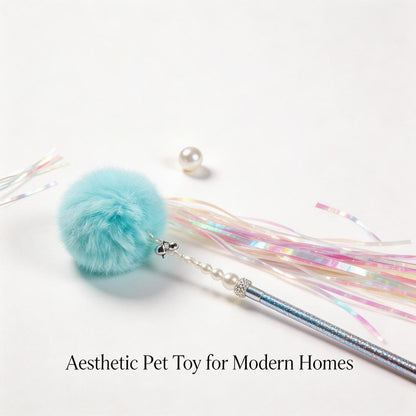 FUREVER365 TM-08 Rabbit Fur Ball & Tassel Cat Teaser - Durable PVC Wand Bouncing Elastic Toy