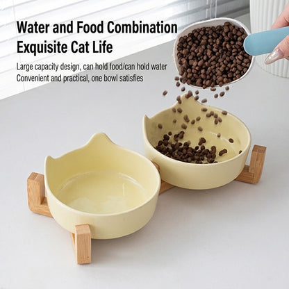 Premium Ceramic Cat Bowl with Wood Stand Anti-Black Chin Elevated Pet Dog Food Water Bowl Mangkuk Kucing