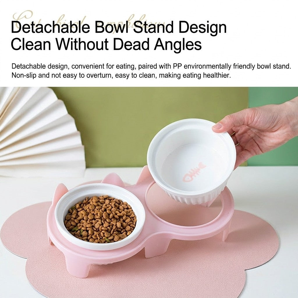 Ceramic Cat Bowl Elevated Tilted Neck Protection Pet Food Water Feeder Anti-Black Chin Mangkuk Kucing