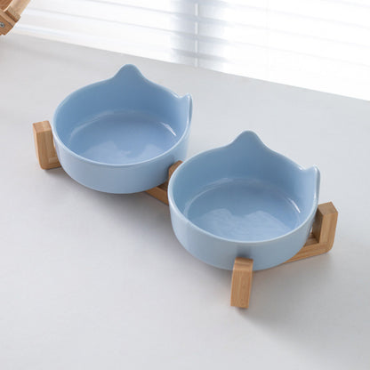 Premium Ceramic Cat Bowl with Wood Stand Anti-Black Chin Elevated Pet Dog Food Water Bowl Mangkuk Kucing