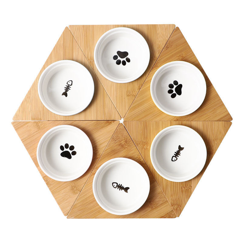 Kitten Specialized Ceramic Pet Bowl Anti-Black Chin Food Water Basin with Bamboo Stand Mangkuk Kucing