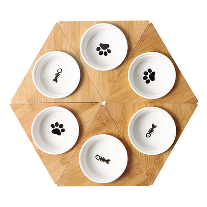 Kitten Specialized Ceramic Pet Bowl Anti-Black Chin Food Water Basin with Bamboo Stand Mangkuk Kucing