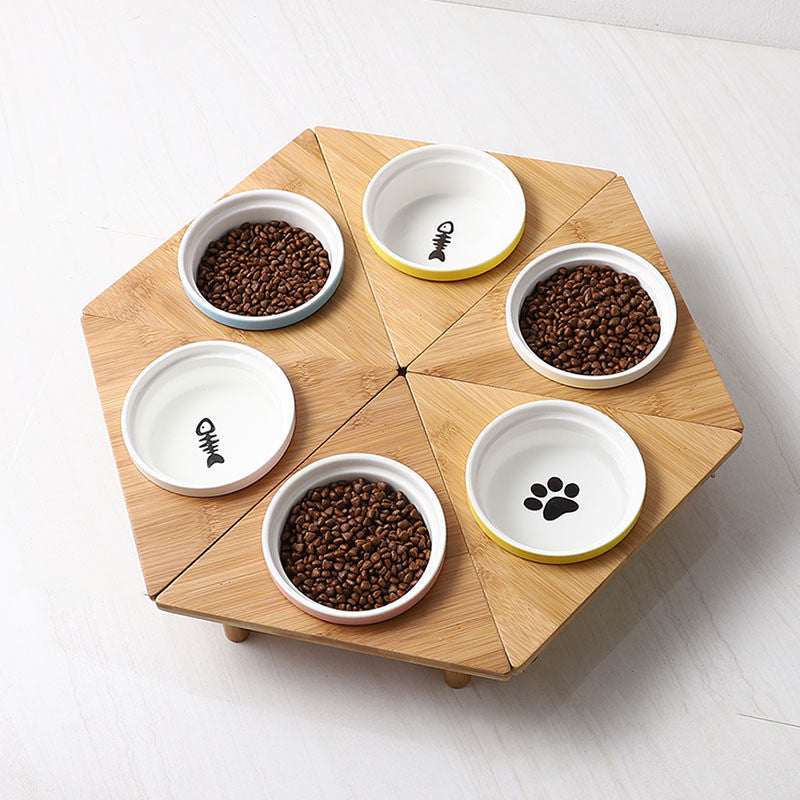 Kitten Specialized Ceramic Pet Bowl Anti-Black Chin Food Water Basin with Bamboo Stand Mangkuk Kucing