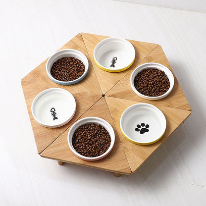 Kitten Specialized Ceramic Pet Bowl Anti-Black Chin Food Water Basin with Bamboo Stand Mangkuk Kucing