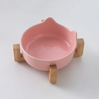 Premium Ceramic Cat Bowl with Wood Stand Anti-Black Chin Elevated Pet Dog Food Water Bowl Mangkuk Kucing