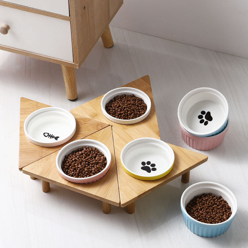 Kitten Specialized Ceramic Pet Bowl Anti-Black Chin Food Water Basin with Bamboo Stand Mangkuk Kucing